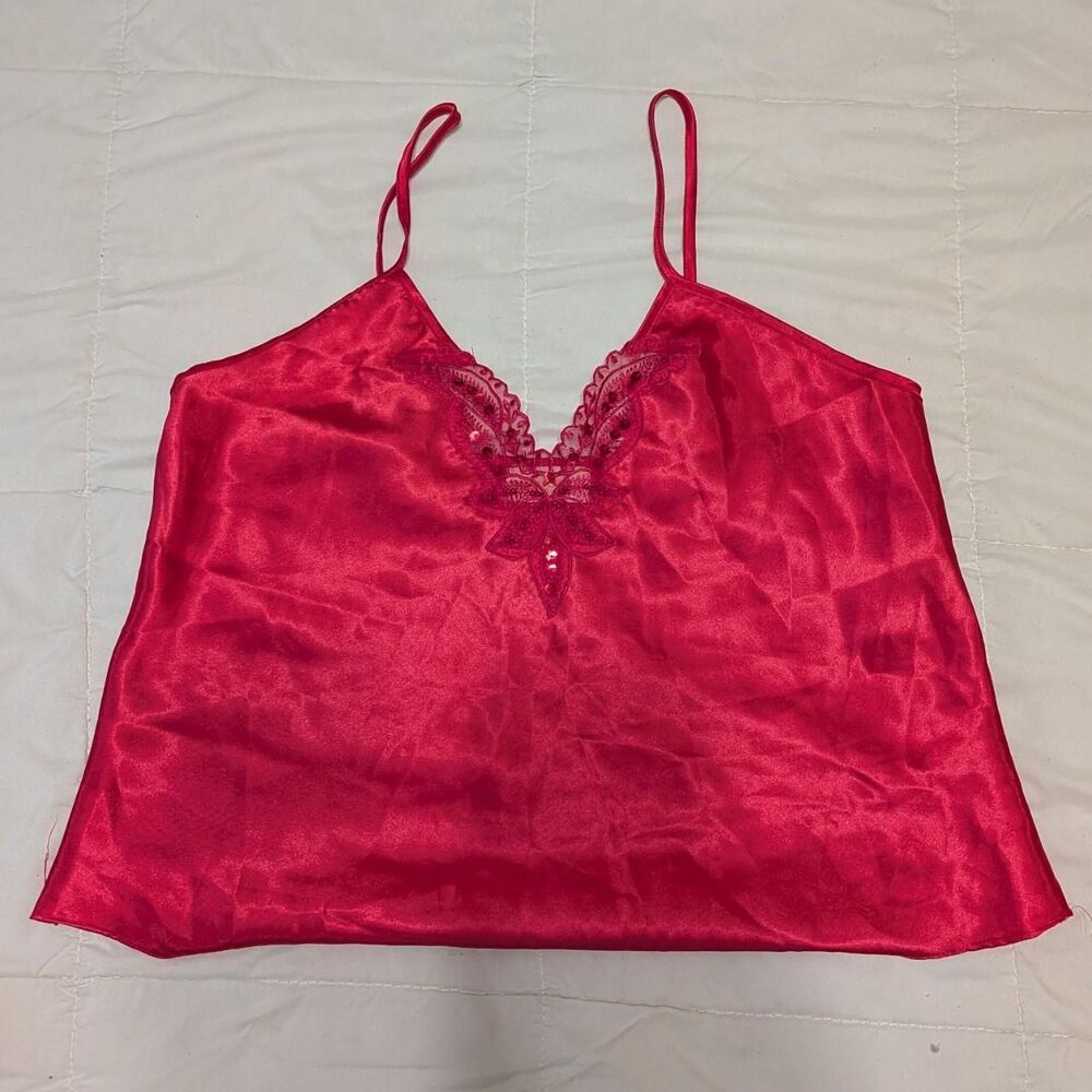 Fairy Red Whimsical Satin Cami Top With Lace Neckline And Beaded Detail